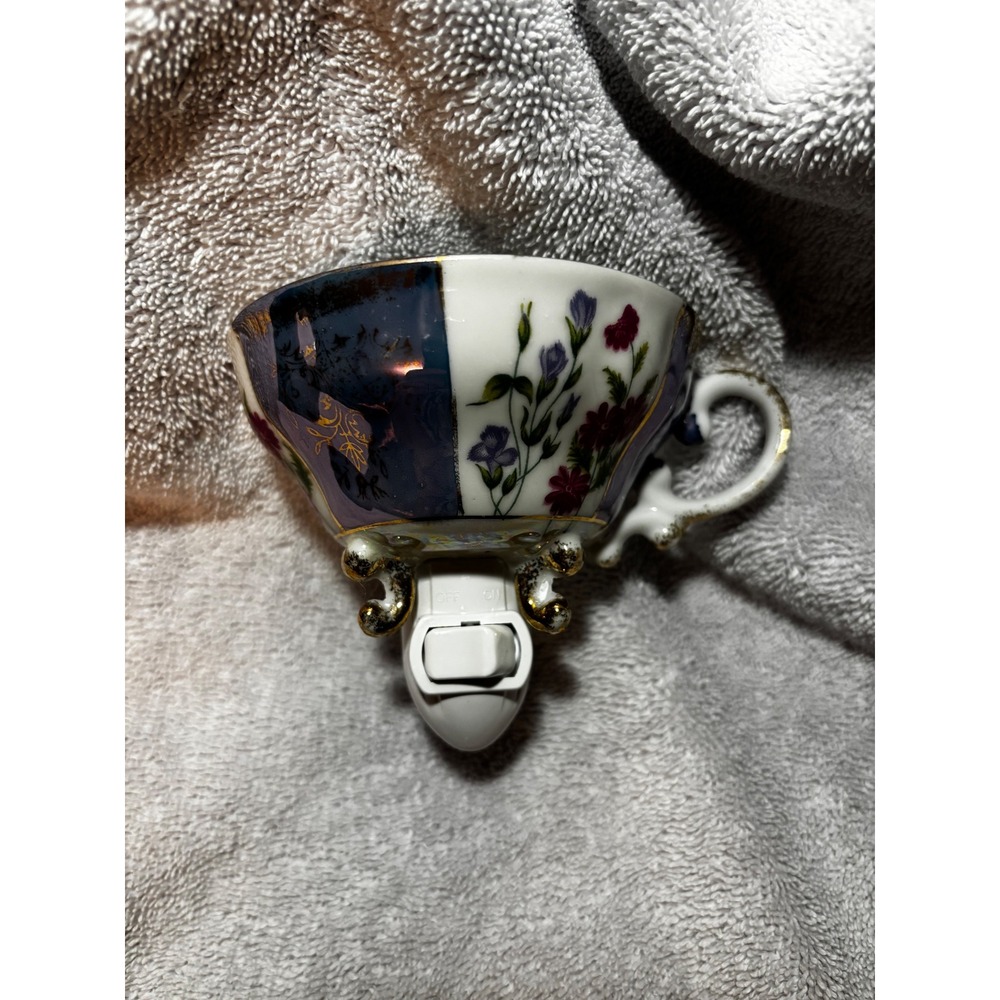 Handcrafted Vintage Porcelain Teacup Night Light Floral Cobalt Blue Gold Luster